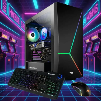 Black gaming PC tower with RGB fans, RGB keyboard, and RGB mouse in neon arcade room background