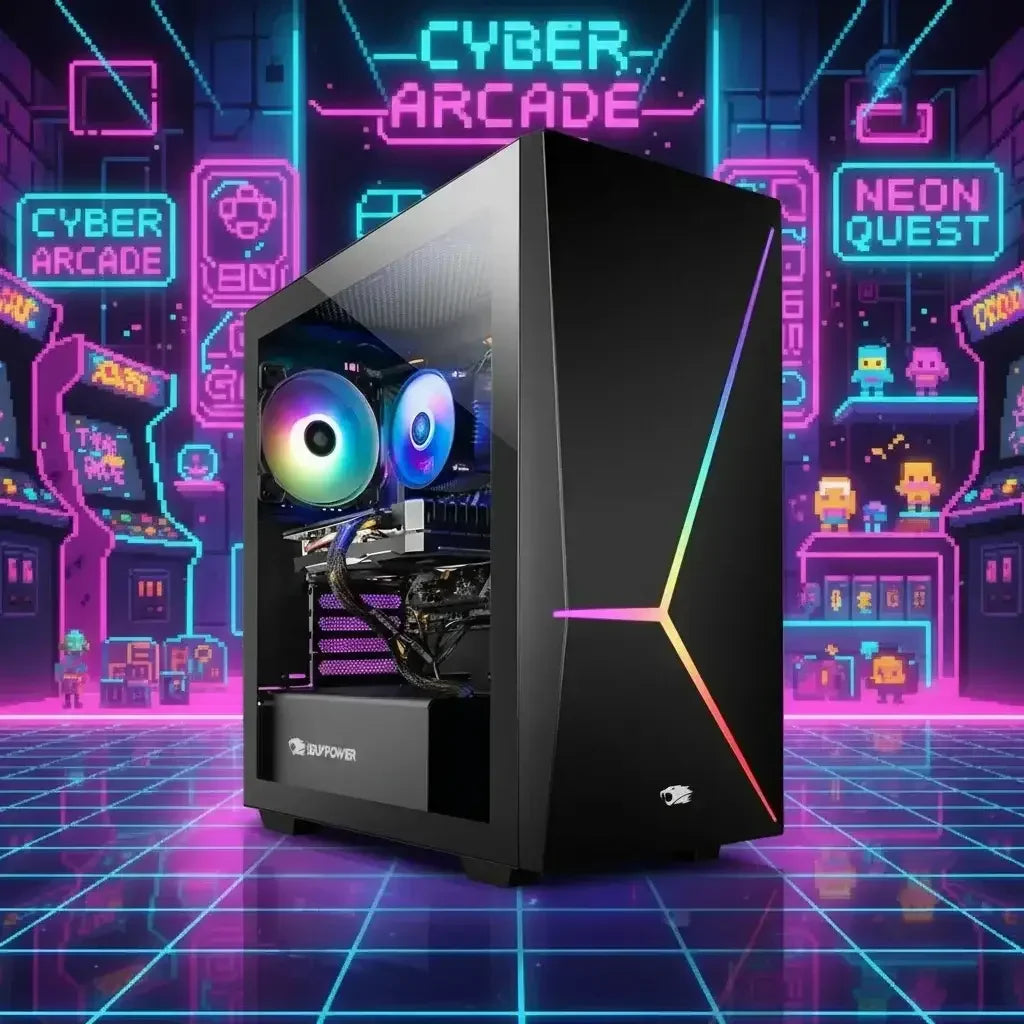 Black gaming PC with RGB lighting and visible fans on neon grid floor in cyber arcade setting