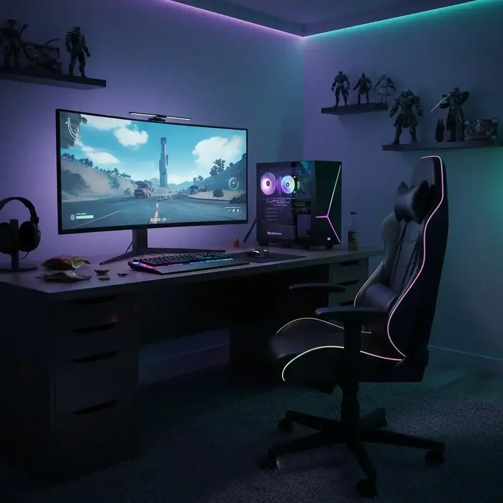 Modern gaming setup with curved monitor, RGB PC, mechanical keyboard, gaming chair, and collectible figures on shelves