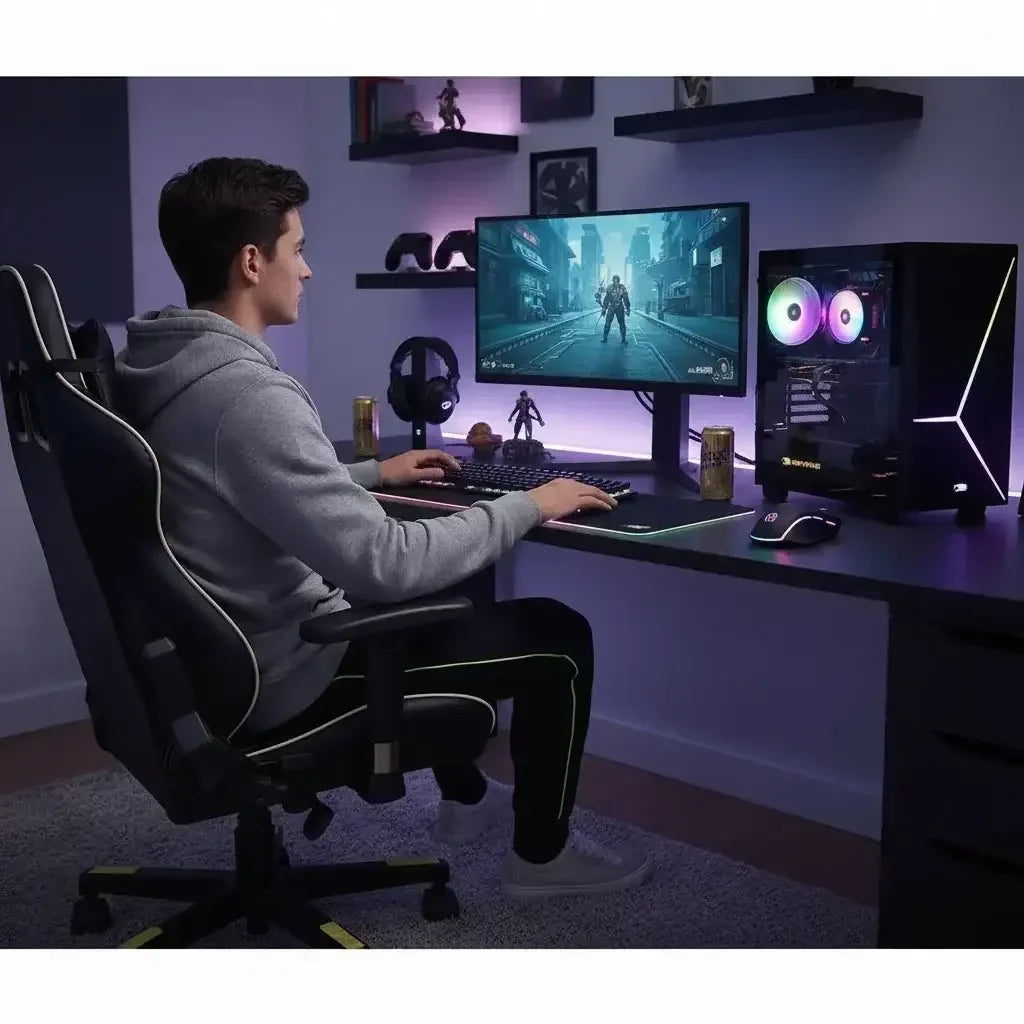 Young man in gray hoodie gaming on desktop PC with RGB lights and large monitor in modern gaming setup