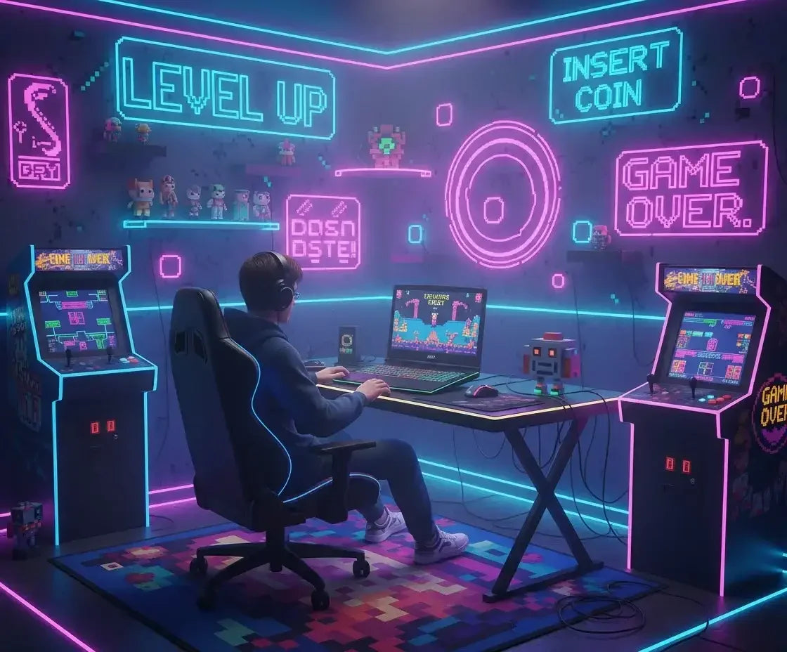 Gamer setup with neon lights, arcade machines, and a person playing on a laptop in a retro gaming room