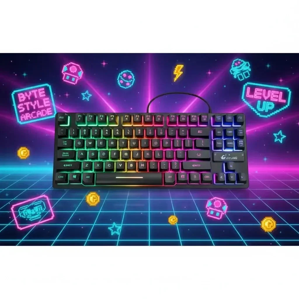 RGB backlit gaming keyboard with neon pixel art retro arcade background and glowing coins