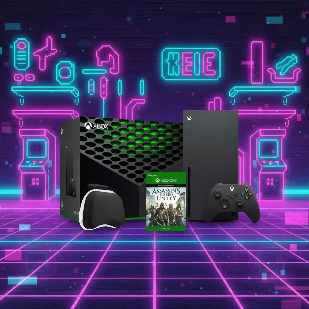 Xbox Series X console with controller, headset, and Assassin's Creed Unity game in neon retro gaming background