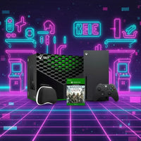 Xbox Series X console with controller, headset, and Assassin's Creed Unity game in neon retro gaming background