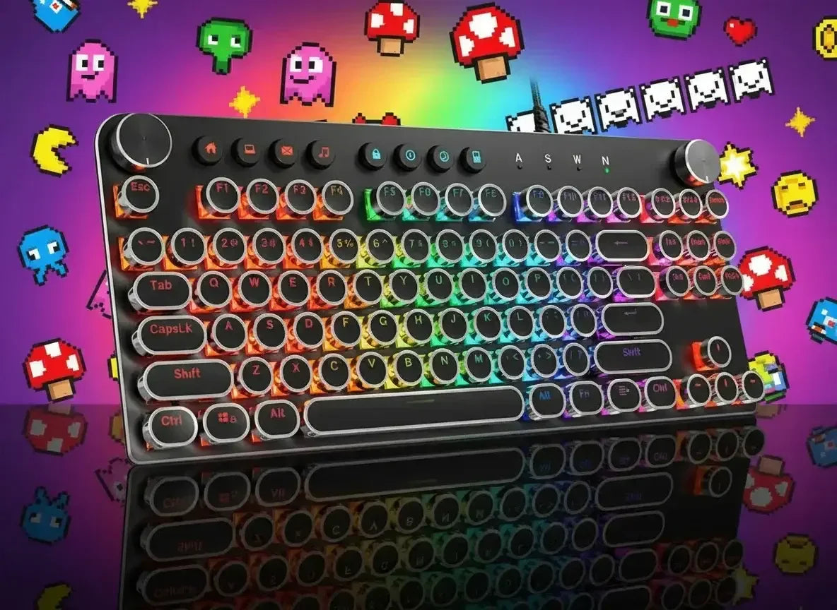 Retro mechanical RGB keyboard with round keys, rainbow backlight, and pixel art gaming icons