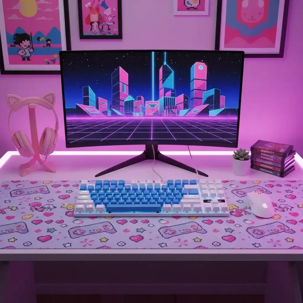 Cute pink gaming setup with cat ear headphones, neon monitor, blue keyboard, and pastel decor