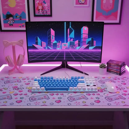 Cute pink gaming setup with cat ear headphones, neon monitor, blue keyboard, and pastel decor