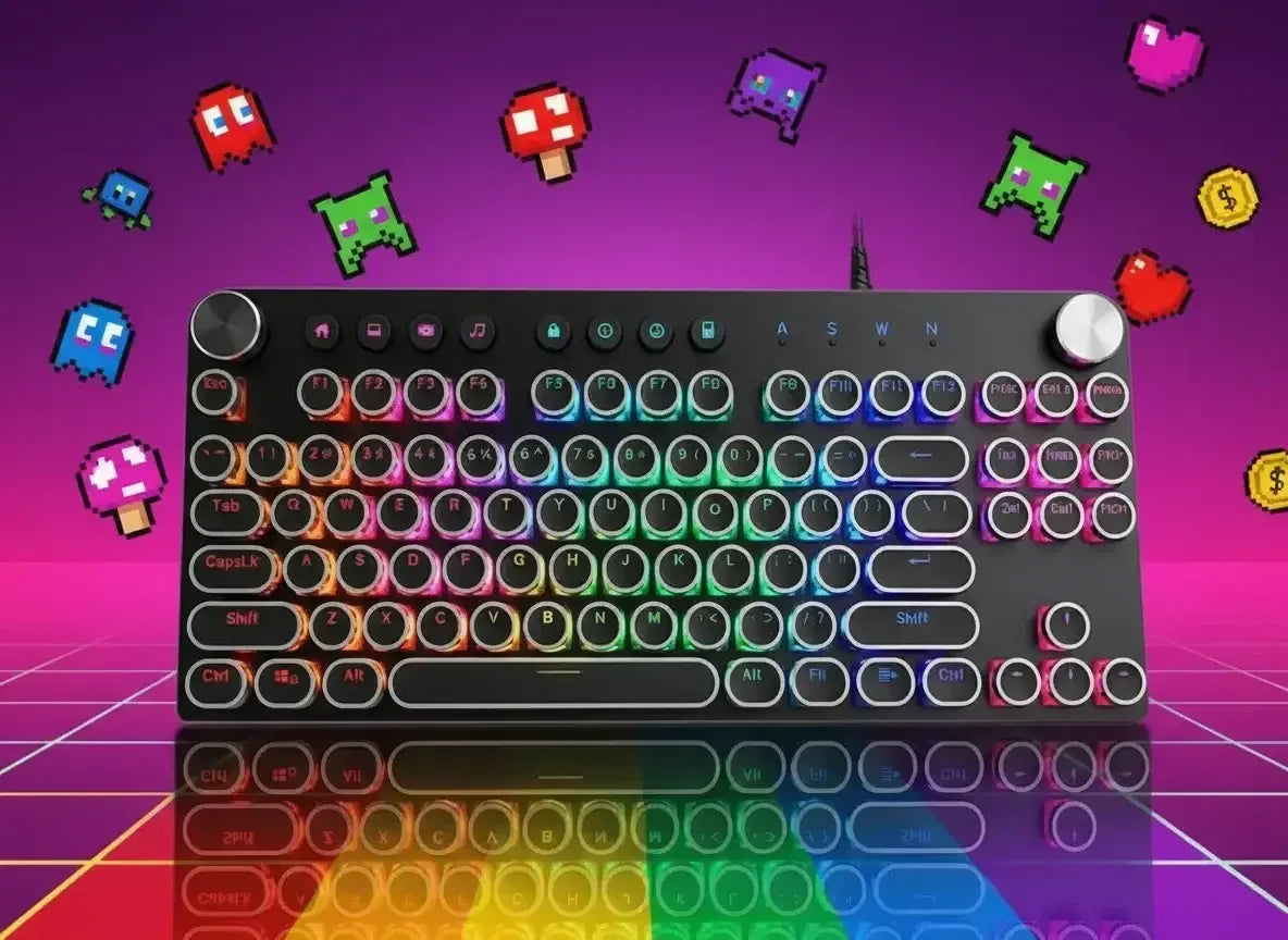 RGB retro mechanical keyboard with round keys, pixel art game icons, neon purple background