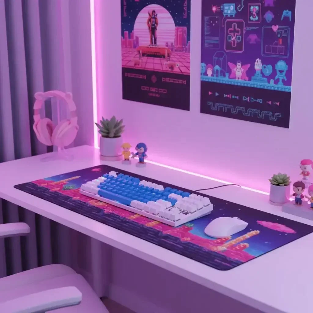 Cute gaming desk setup with mechanical keyboard, LED pink lighting, anime posters, and figurines