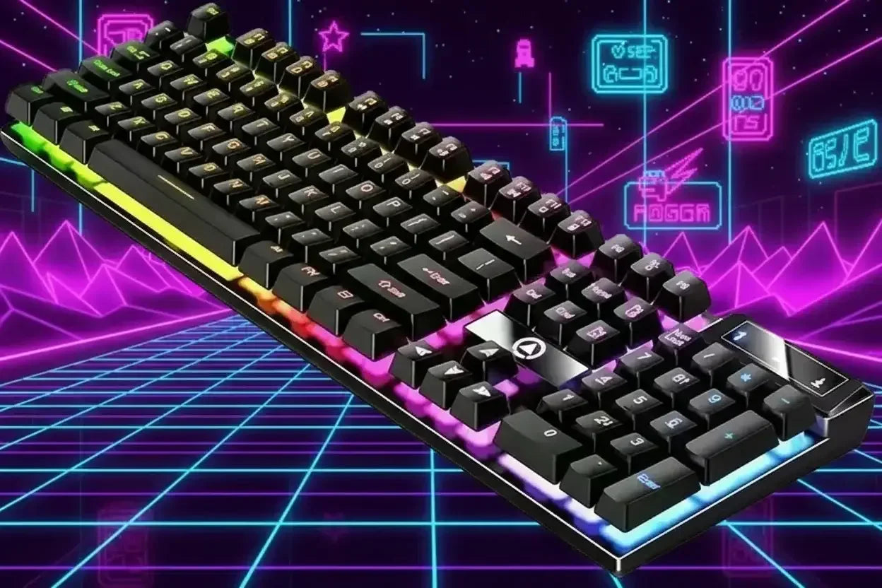 RGB backlit mechanical gaming keyboard on neon grid retro background