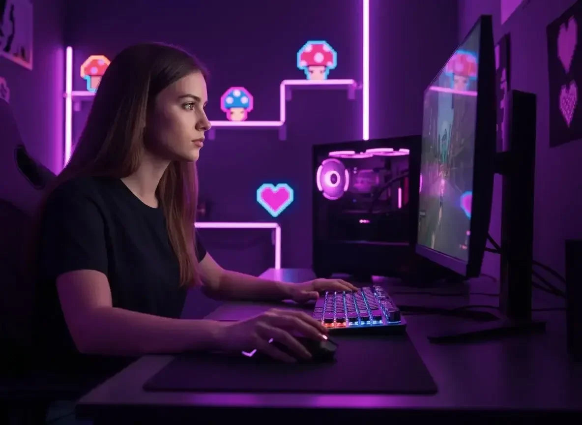 Woman gaming at RGB-lit desk with neon purple lights and pixel art in a modern setup