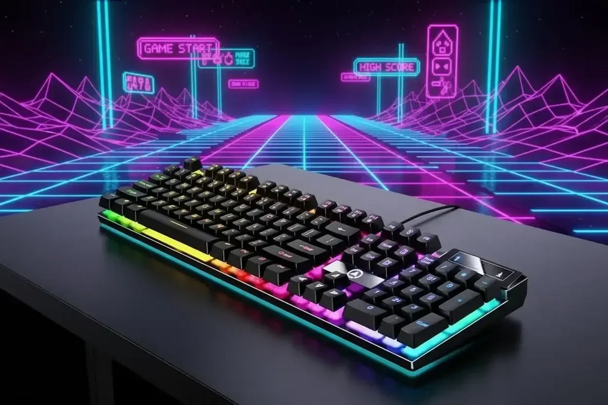 RGB mechanical gaming keyboard on desk with neon retro-futuristic cyberpunk background