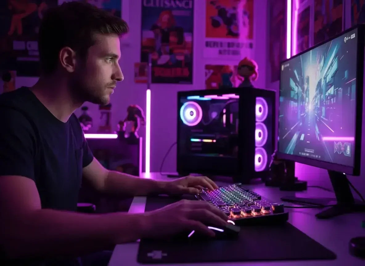 Man gaming at RGB-lit computer setup with neon lights and posters in the background