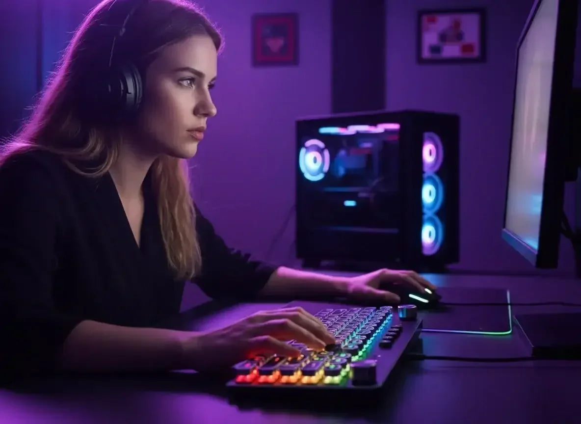 Woman gaming at RGB keyboard and monitor with LED PC in dark room