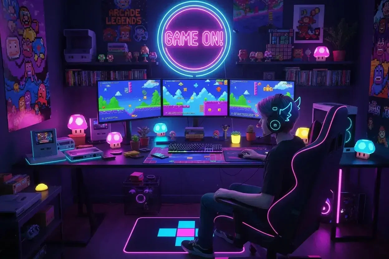 Neon-lit gamer setup with triple monitors, retro consoles, and pixel art decor.