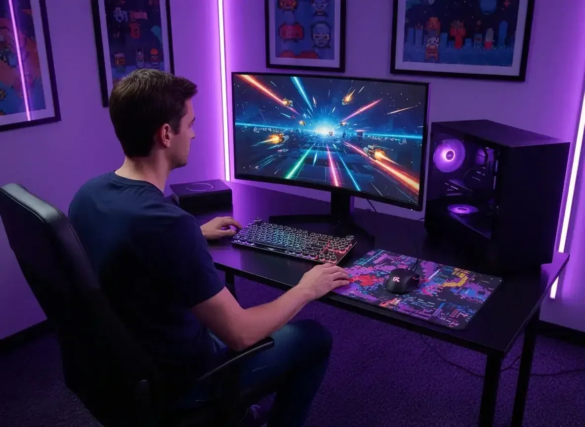 Man gaming at RGB-lit PC setup with futuristic game on monitor, colorful mouse pad and decor