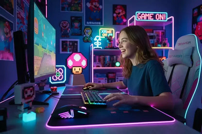 Girl gaming on RGB-lit setup in a Mario-themed room with neon lights and pixel art decor