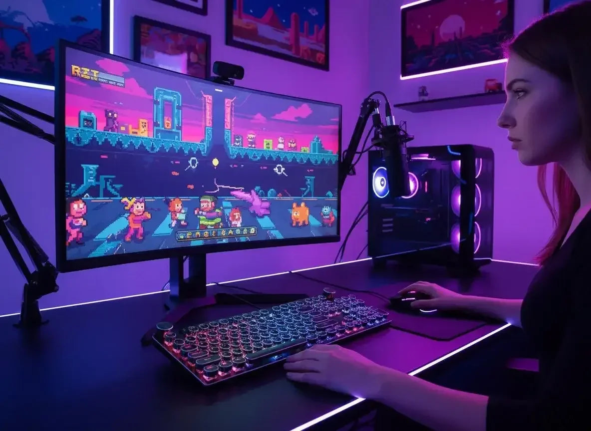 Woman gaming at RGB-lit setup with curved monitor displaying pixel art, retro gaming decor
