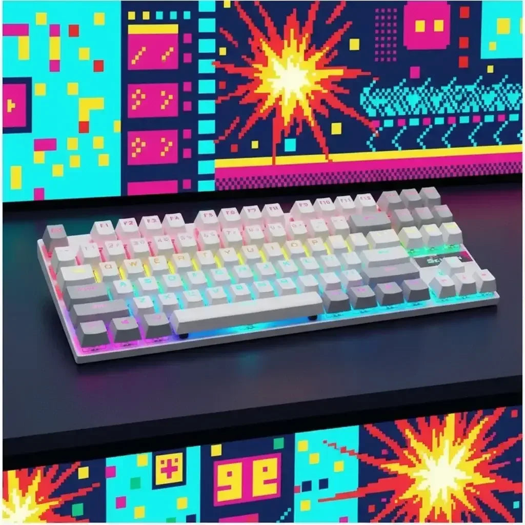 RGB mechanical keyboard on desk with colorful retro pixel art gaming background
