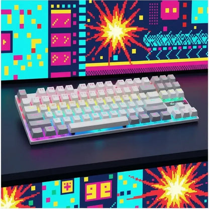 RGB mechanical keyboard on desk with colorful retro pixel art gaming background