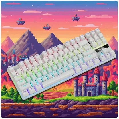 RGB mechanical keyboard on a retro pixel art background with castles and mountains