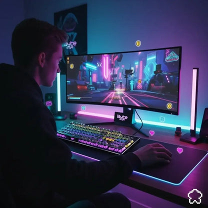 Gamer at RGB-lit desk playing a futuristic video game on an ultrawide monitor