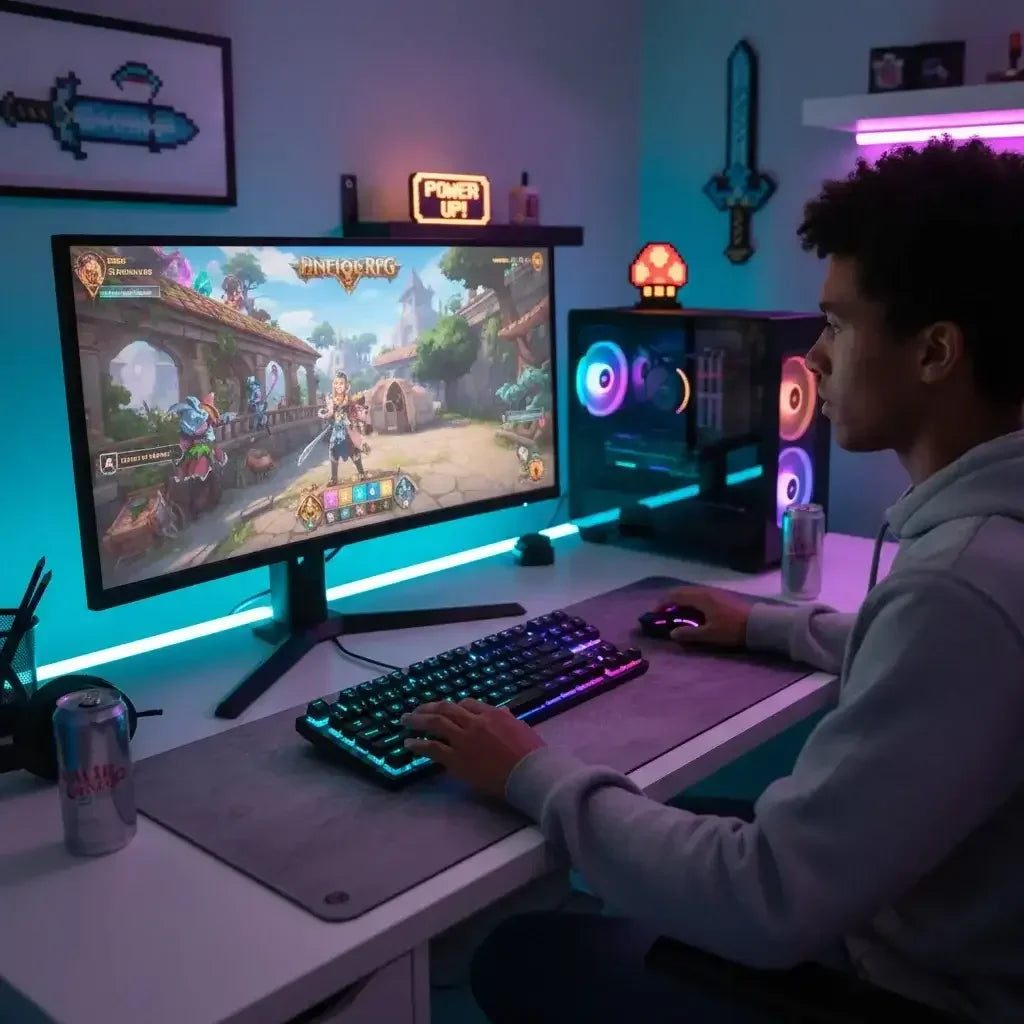 Young man playing fantasy RPG video game on a desktop PC with RGB keyboard and gaming setup