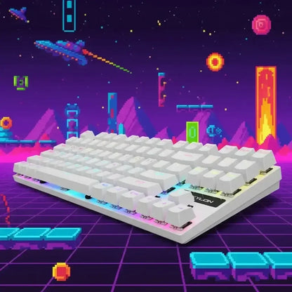 White mechanical gaming keyboard with RGB lights on a retro 8-bit video game background