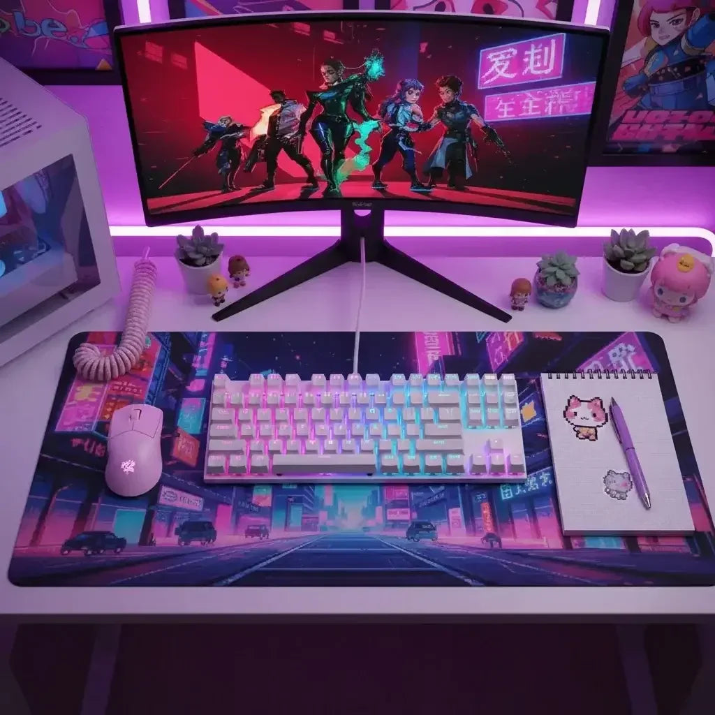 Anime-themed gaming desk setup with RGB keyboard, pink mouse, curved monitor, and neon lights