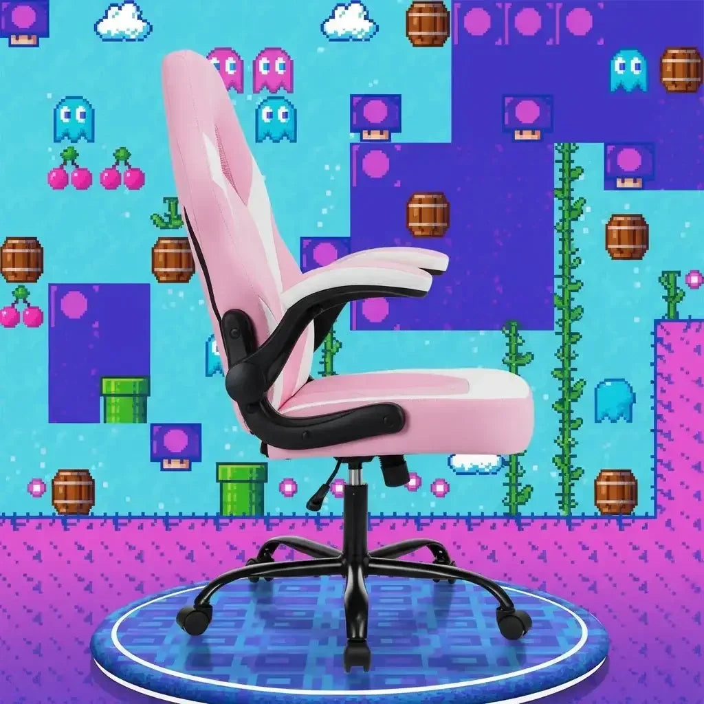 Pink ergonomic gaming chair on a retro pixel art video game background