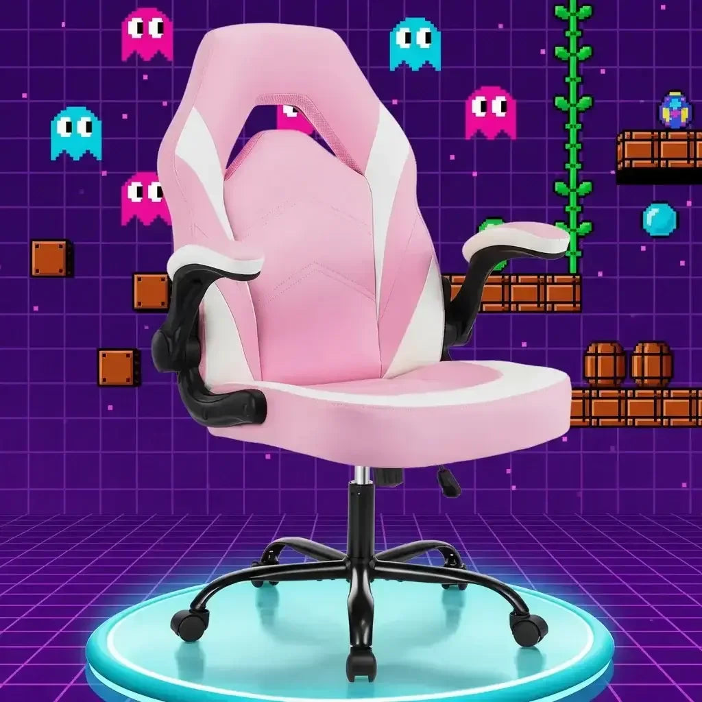 Pink and white gaming chair on neon platform with retro video game background