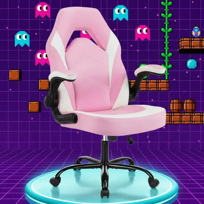 Pink and white gaming chair on neon platform with retro video game background