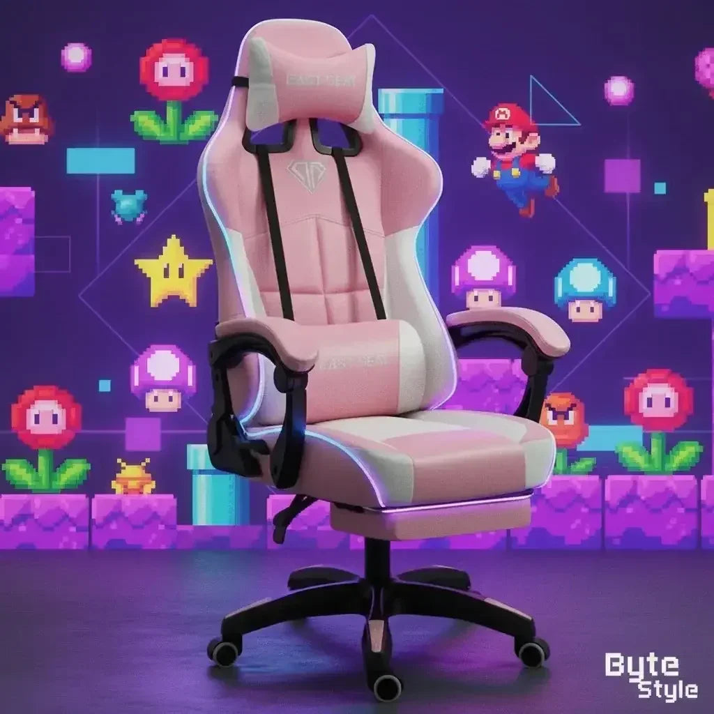 Pink and white gaming chair with pixelated Super Mario video game background and ByteStyle logo