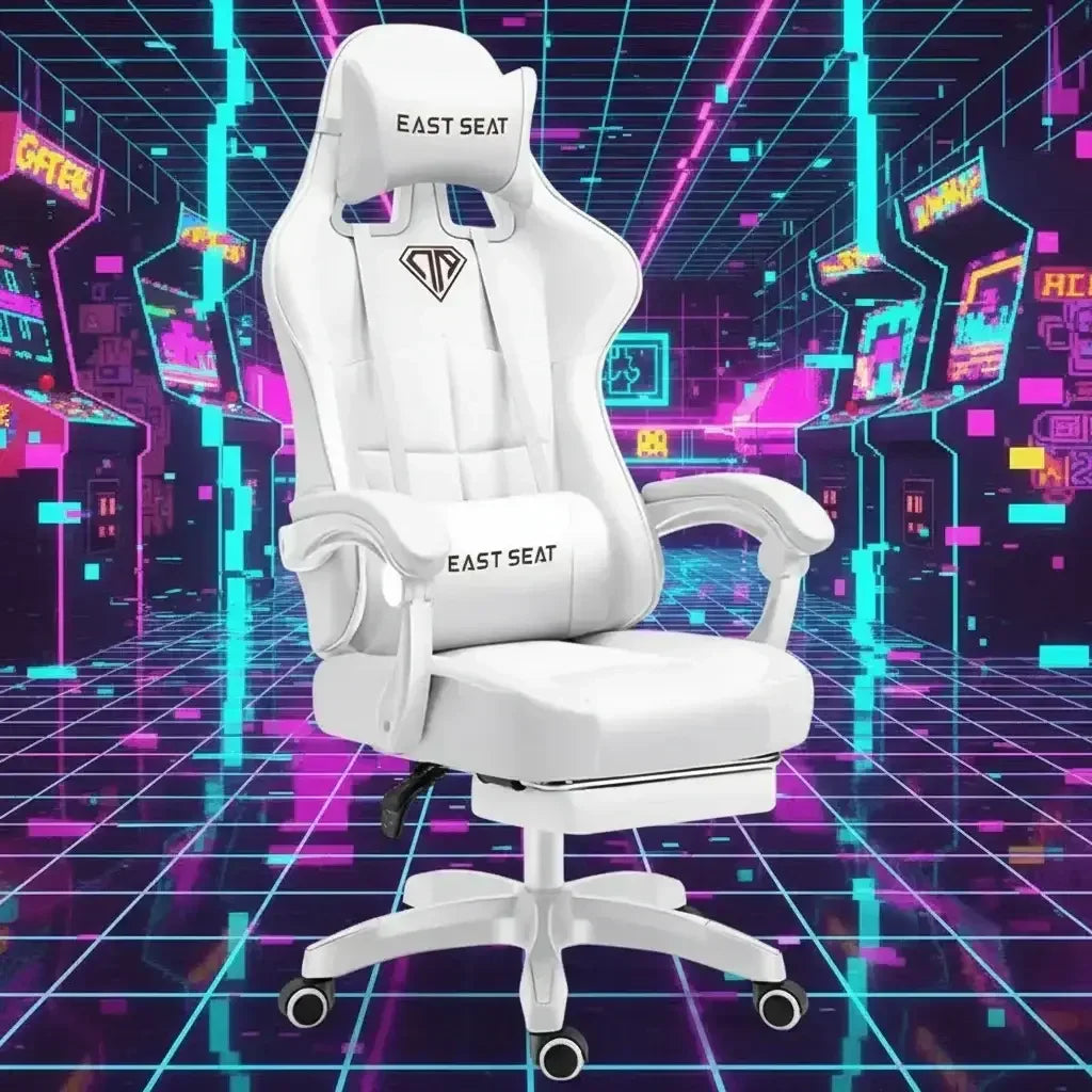 White EAST SEAT gaming chair with armrests and headrest in neon-lit retro arcade background