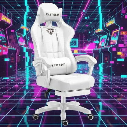 White EAST SEAT gaming chair with armrests and headrest in neon-lit retro arcade background