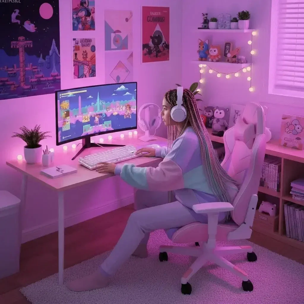 Girl gaming at pastel pink setup with RGB lighting, cute decor, and gaming chair