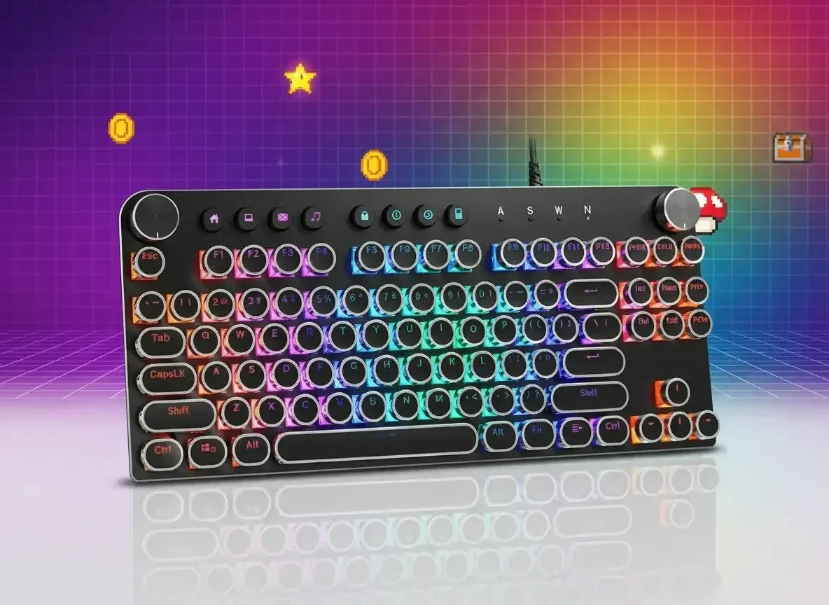 RGB retro mechanical keyboard with round keys on a colorful pixelated gaming background