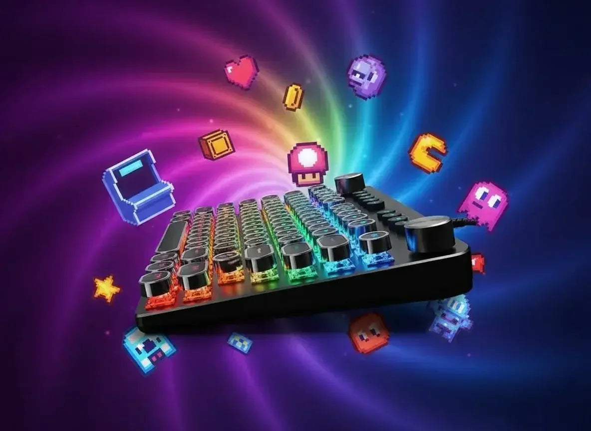 RGB mechanical keyboard with retro arcade pixel icons on a colorful swirling background