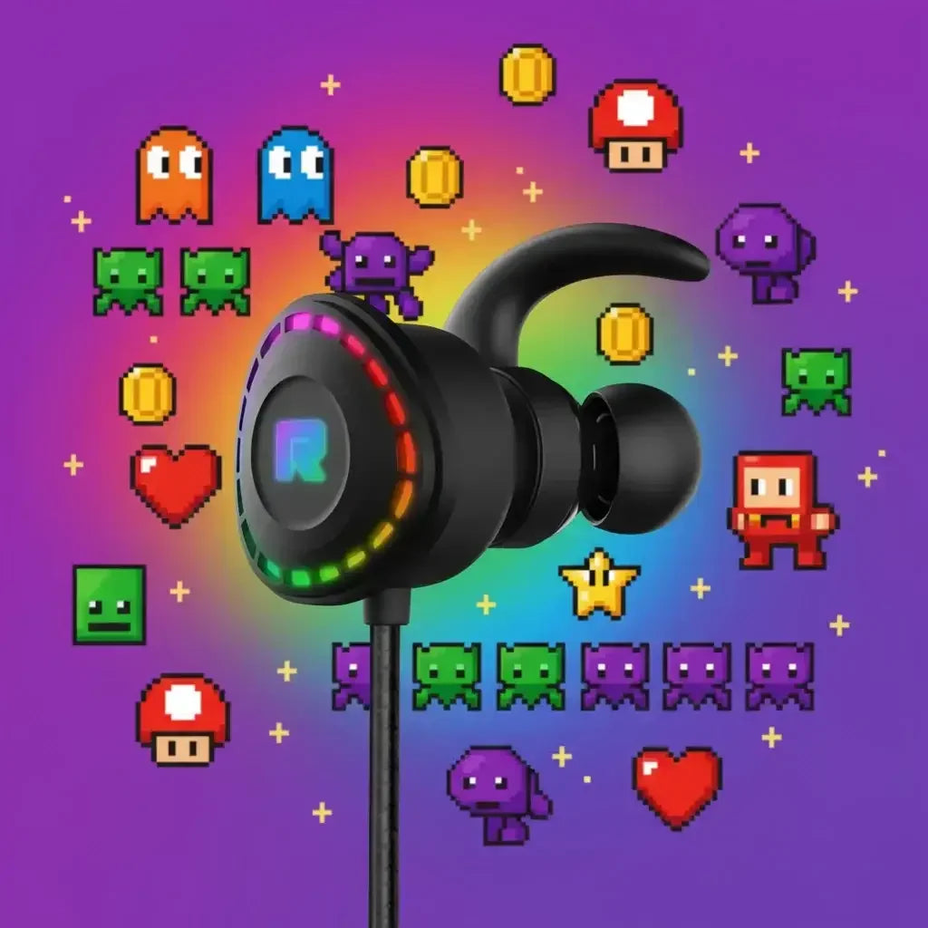 Black gaming earbud with RGB lights and 8-bit pixel art icons on a purple background