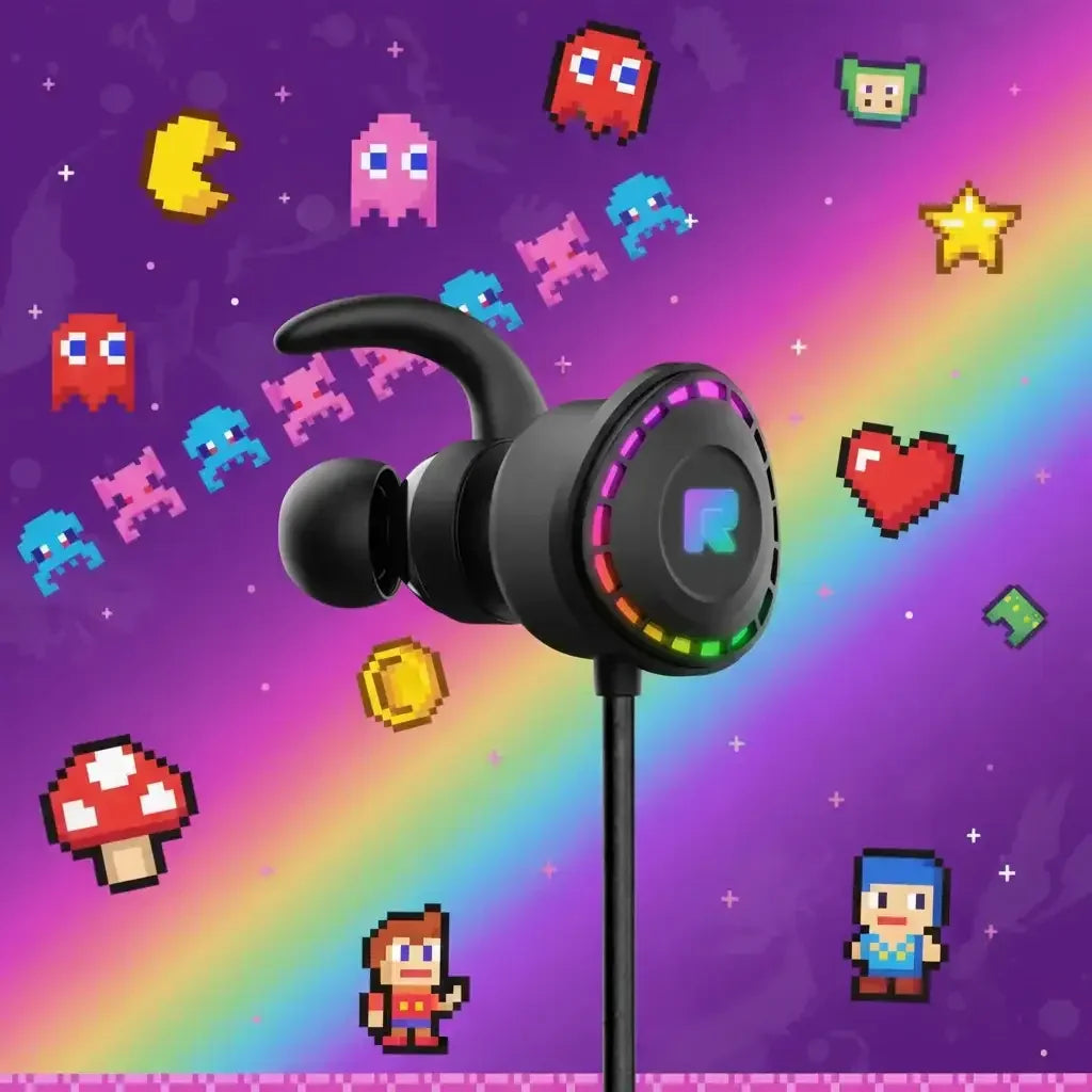 Black gaming earbud with RGB lights on a retro pixel art background with rainbow and icons