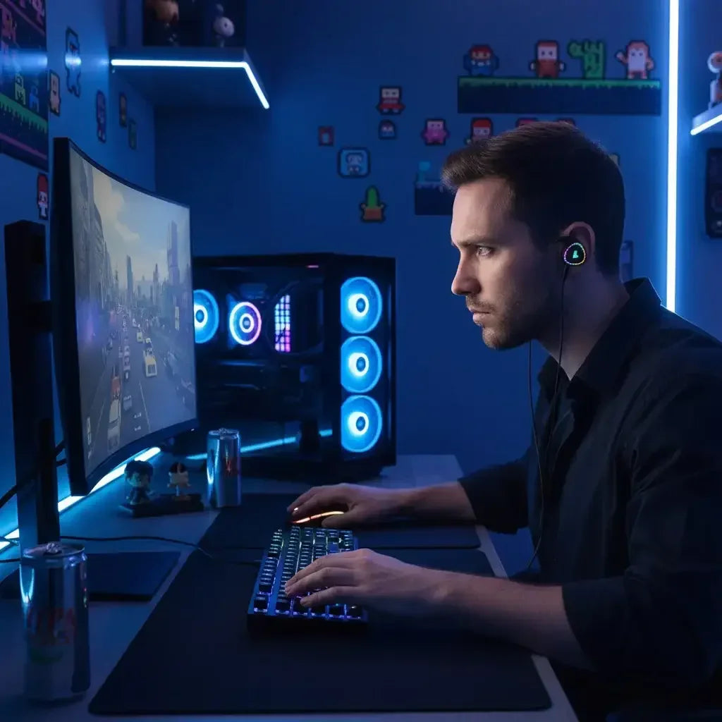 Focused gamer at RGB desktop PC setup with curved monitor in blue LED-lit gaming room
