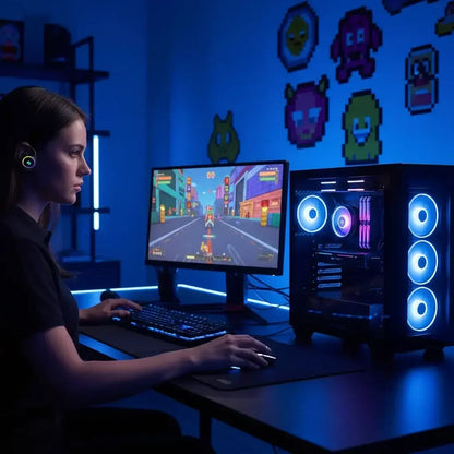 Woman gaming on RGB desktop PC with LED lights in a blue-lit room, pixel art wall decor