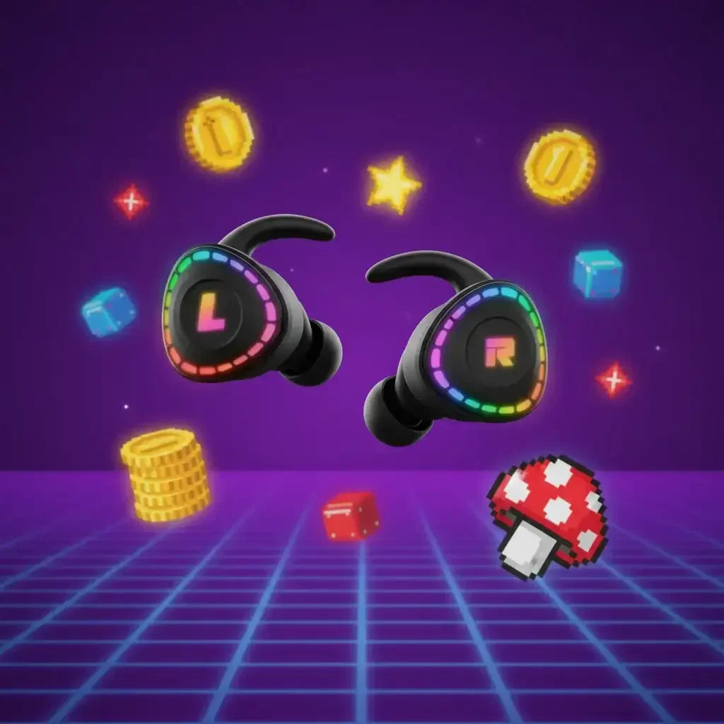 Gaming earbuds with RGB lights, surrounded by pixel coins, cubes, and power-up icons on a purple grid background.