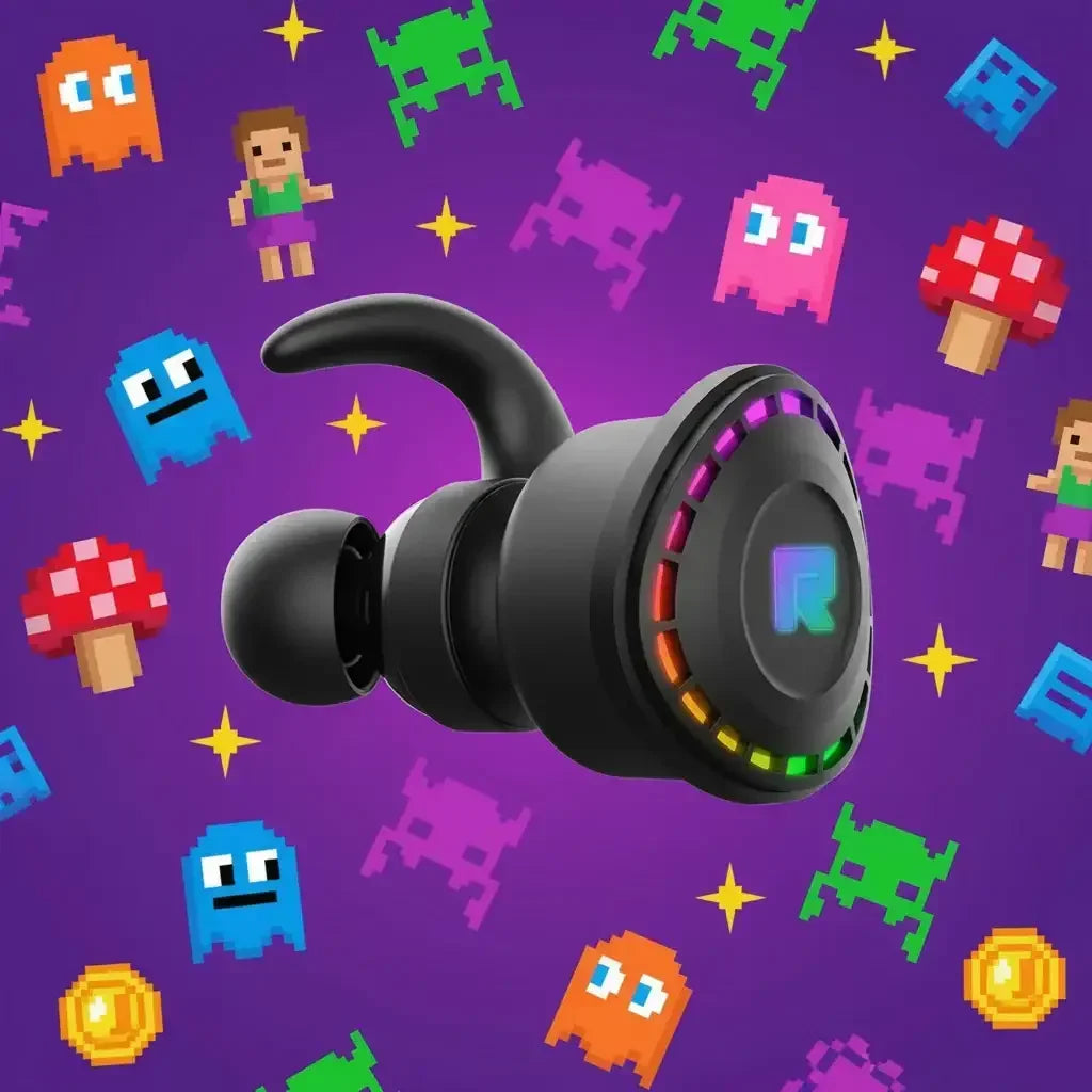 RGB gaming earbud with pixelated retro video game icons on a purple background
