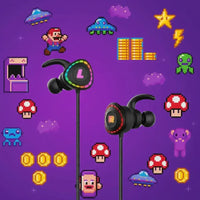 Gaming earbuds with LED lights on a purple background with retro pixel art icons
