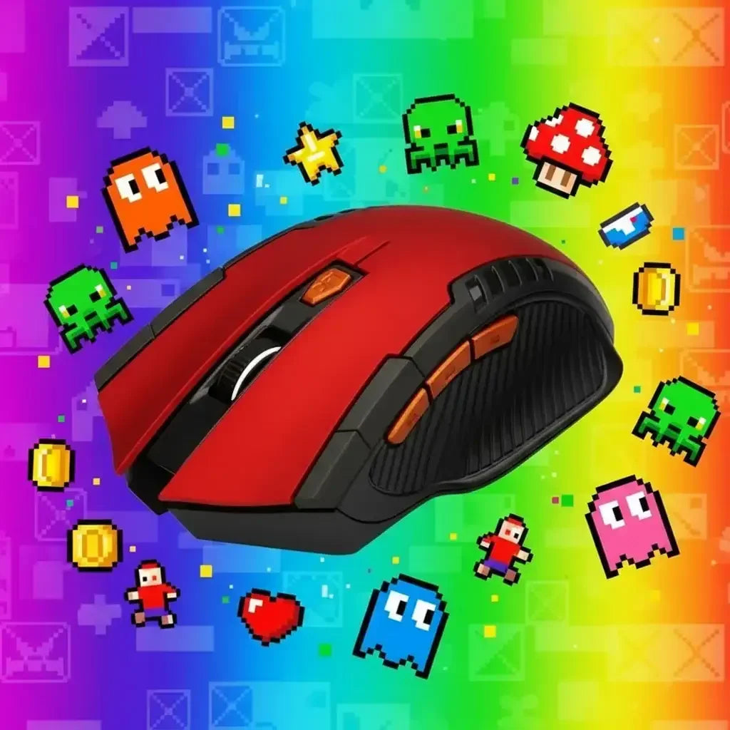 Red and black gaming mouse surrounded by colorful pixel art characters and icons on a rainbow background