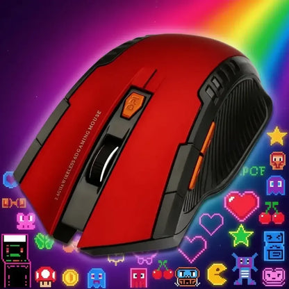Red wireless 2.4G gaming mouse with DPI button and black side grips on colorful pixel art background