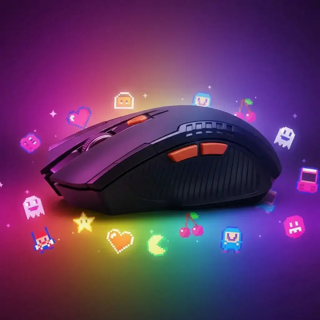 Black gaming mouse with orange buttons surrounded by colorful pixel art icons on a vibrant gradient background