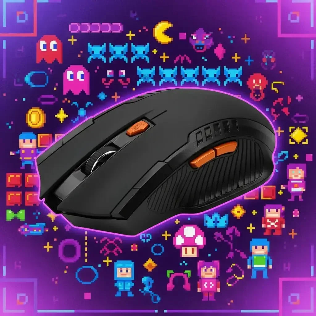 Black gaming mouse with orange buttons on a purple pixel art background featuring retro video game characters