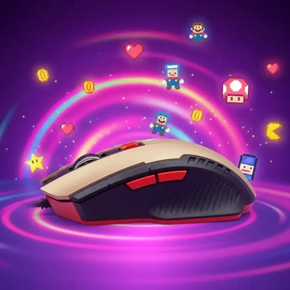 Gaming mouse with pixelated video game characters and icons on a vibrant purple background